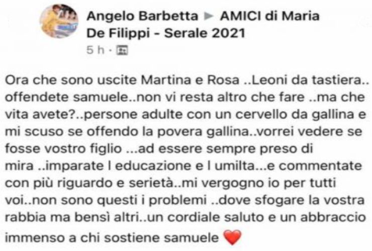 Post del Signor Angelo Barbetta - Fonte: Facebook